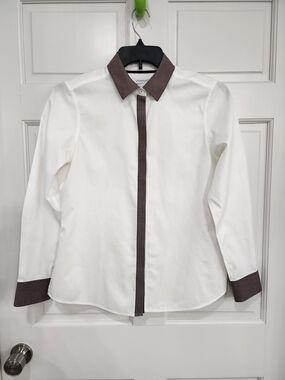 Foxcroft "Heritage" White Button Down with Espresso Trim